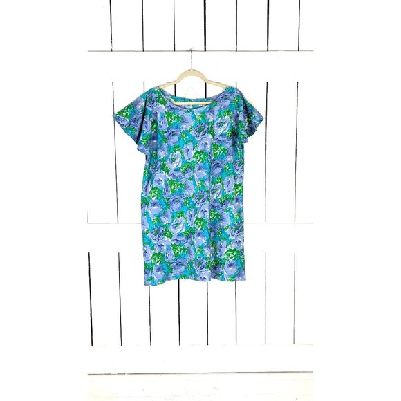 Vintage blue purple floral flutter sleeve cotton cover up sun dress - Picture 1 of 5